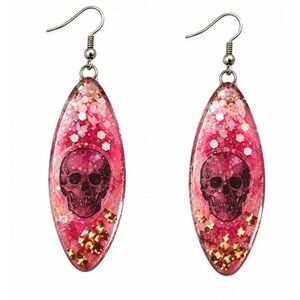 Pink Red Skull Resin Dangle Earrings Glitter Goth Halloween OOAK